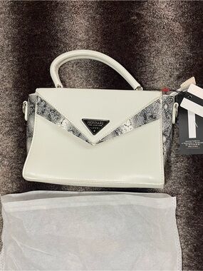 Monari White Satchel with Holographic Snake-Print Trim